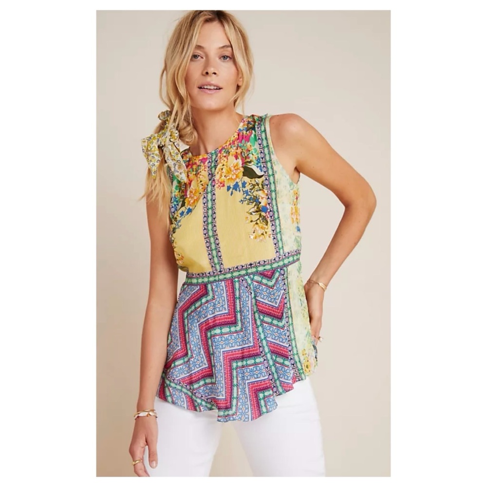 NWOT Anthropologie Bhanuni By Jyoti Mixed Print Beaded Top Size XS - Picture 1 of 15